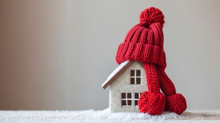 Cozy small house wrapped in knitted hat and scarf with copy space for text placementの素材