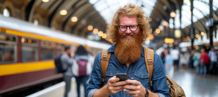 Smiling man with smartphone at train station, offering text space, exuding contentment.の素材