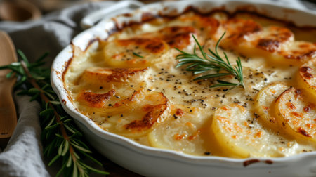 Baked sliced potato with melted cheese and creamy white sauce served on a white dish in the ovenの素材