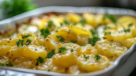 Cheesy baked sliced potatoes with creamy white sauce served on a white dish in the ovenの素材