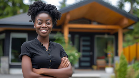 Confident american real estate agent ready to assist buyers, proudly standing outside modern home.の素材