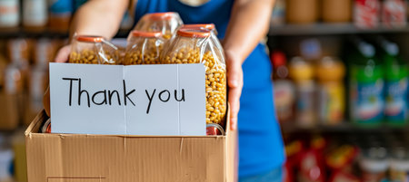 Volunteers expressing gratitude with thank you sign over overflowing food donation boxの素材