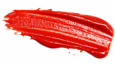 Red ketchup lotion smear swatch on white background for product testing and evaluationの素材