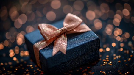 Navy blue gift box with satin ribbon on black background and golden glitter for celebrationsの素材