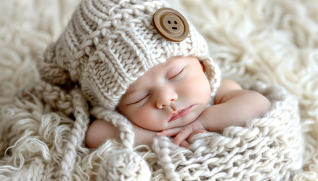 Newborn baby sleeping peacefully on white bed with copy space for text placementの素材