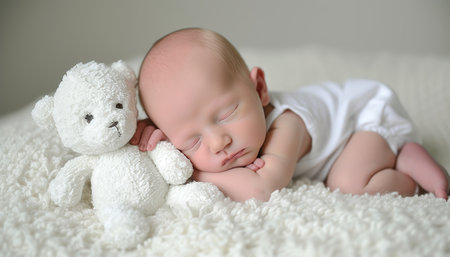 Adorable sleeping newborn on white bed with cute plush toy   copy space for textの素材