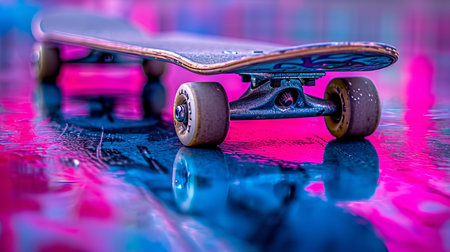 Close up of colorful skateboard wheels and bearings under dynamic lightingの素材