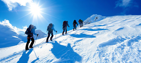 Group of friends climbing and helping each other to reach the mountain peak as a teamの素材