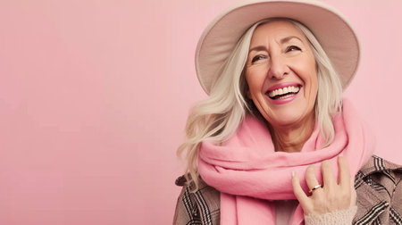 Cheerful elderly woman in scarf and knitted hat, isolated on pastel background with copy spaceの素材
