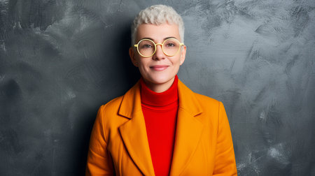 Middle aged woman smiling in studio bright shot for advertising with copy space on left sideの素材