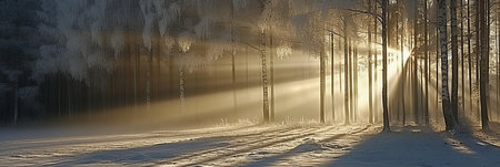 Majestic winter forest scenery with stunning sun rays illuminating the serene and silent atmosphereの素材