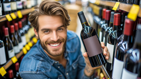 Experienced wine merchant displaying a bottle of fine red wine in the center of his shopの素材