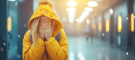 Bullied schoolgirl feeling sad, with text space to portray the impact of bullyingの素材