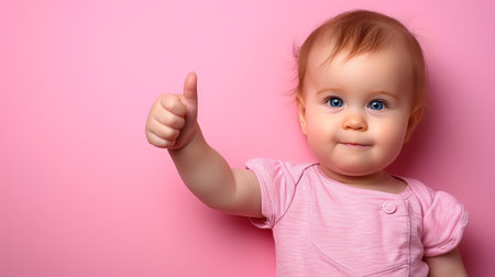 Toddler giving thumbs up on pastel solid color background with copy space for text placementの素材