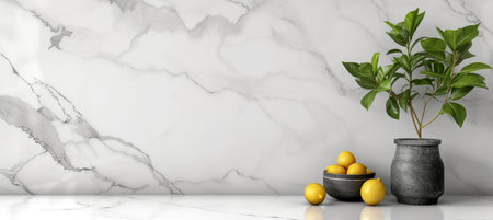 Modern white kitchen interior with quartz countertop, potted lemon tree, copy space for textの素材