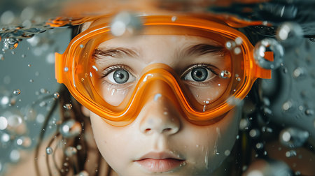 Close up of a young female child swimming in a pool during a practice session with goggles onの素材