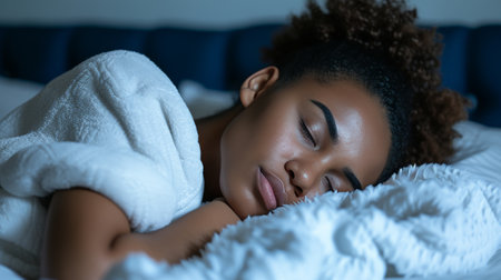 Blissful african american woman in white clothes sleeping on white bed with white blanketの素材