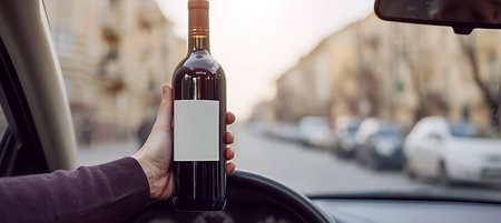 Dangerous drunk driving  young man under alcohol influence with wine bottle, copy space for text.の素材