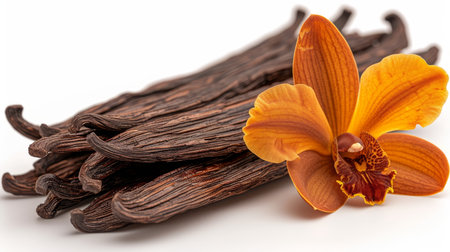 Aromatic vanilla pods and elegant single orchid flower isolated on pristine white backgroundの素材