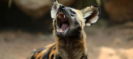 Intense close up portrait of a majestic howling wild dog with ample space for text placementの素材