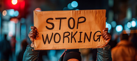 Celebratory businessman holding  stop working  sign with blurred night city background concept.の素材