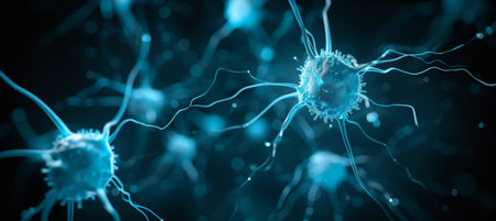 Neurons brain cells network in human brain on black background   abstract medical backgroundの素材