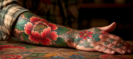 Aesthetic woman receiving a hand tattoo with ample space for personalized text placementの素材