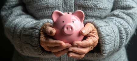 Senior couple s retirement dreams with pink piggy bank for future savings and pensionの素材