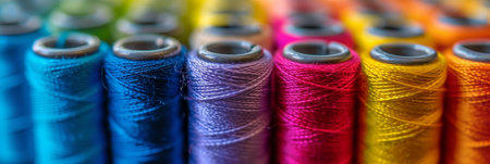 Colorful cotton threads on tailor textile fabric background with sewing threads of all colorsの素材