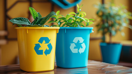 Transformed messy waste bin to sorted recycling container, before and after, with text areasの素材