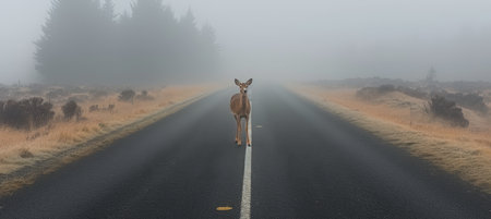 Misty morning road hazard  deer standing near forest   wildlife and transport riskの素材