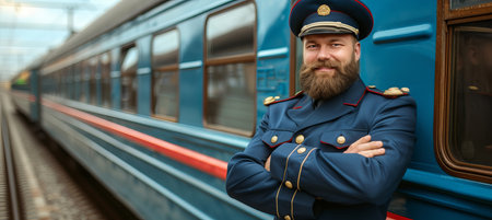 Smiling bearded train driver standing in front of train with copy space, wearing hatの素材