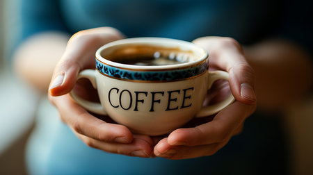 Cheerful morning concept  hands holding a coffee cup with the word  coffee  for a delightful startの素材