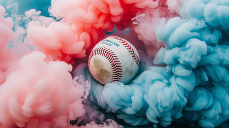 Energetic baseball ball bursting with vivid, multicolored smoke on black backdropの素材