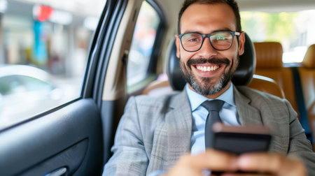 Businessman texting in luxury car, man in formal attire using smartphone in back seat of vehicleの素材