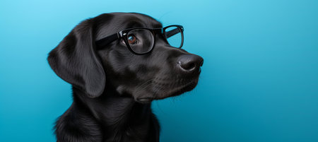 Stylish intellectual dog wearing oversized glasses isolated on blue background with space for textの素材