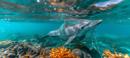 Dolphin trapped in fishing net highlights human waste s impact on marine life underwaterの素材