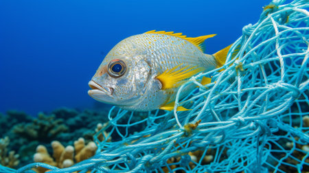 Fish caught in fishing net highlighting the impact of human waste on marine lifeの素材