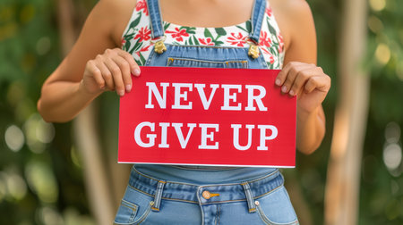 Motivational woman holding  never give up  sign on blurred background, success concept.の素材