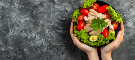 Nutritious salad bowl held by woman, top view with space for text, healthy eating theme.の素材