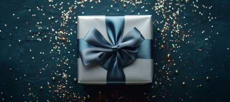 Elegant navy gift box with satin ribbon, perfect for special occasions and celebrations.の素材