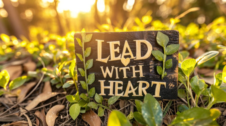 Lead with heart, motivational text on blurred background, success and inspiration concept.の素材