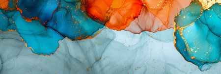 Sumptuous blue, orange, and gold marble ink abstract art painting with alcohol ink techniqueの素材