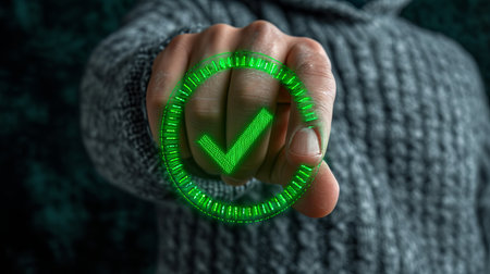 Businessman holding digital hologram of green compliance check mark for certification conceptの素材