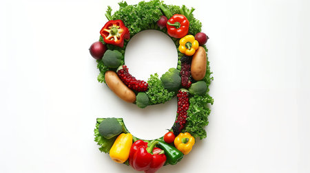 Colorful number 9 made of fresh produce on white background promotes healthy dietの素材