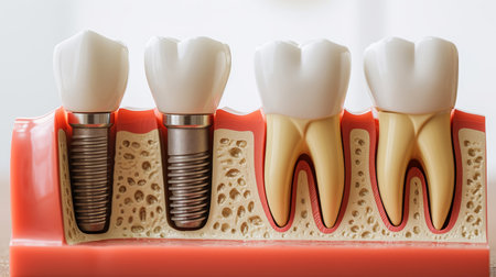 Before and after tooth implant  side by side comparison with space for informative textの素材