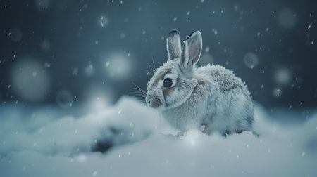 Adorable rabbit in snowy winter forest  cute animal in natural habitat on blurred backgroundの素材
