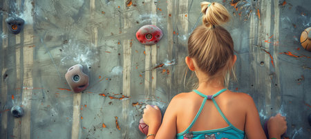 Confident girl climbing indoor rock wall, text space highlighting adventure in youth sports.の素材