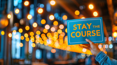 Motivational concept  woman holding  stay the course  sign for success on blurred background.の素材