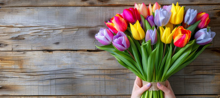 Vibrant bouquet of colorful roses held by woman s hands, nature s beauty and elegance displayed.の素材